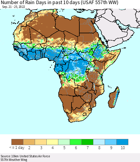 Africa Number of Rain Days in past 10 days (USAF 557th WW) Thematic Map For 9/21/2022 - 9/25/2022