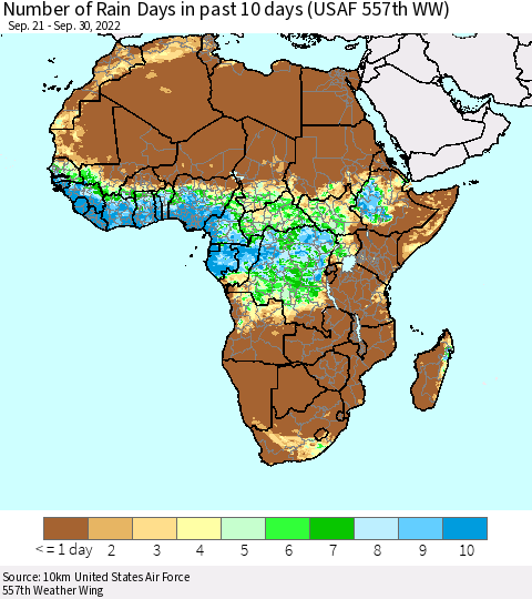 Africa Number of Rain Days in past 10 days (USAF 557th WW) Thematic Map For 9/26/2022 - 9/30/2022