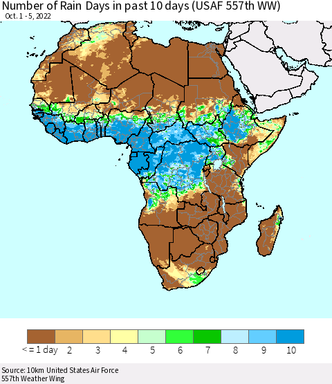 Africa Number of Rain Days in past 10 days (USAF 557th WW) Thematic Map For 10/1/2022 - 10/5/2022
