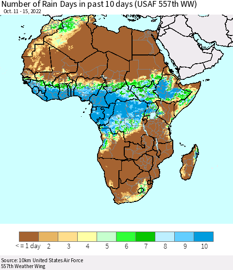 Africa Number of Rain Days in past 10 days (USAF 557th WW) Thematic Map For 10/11/2022 - 10/15/2022