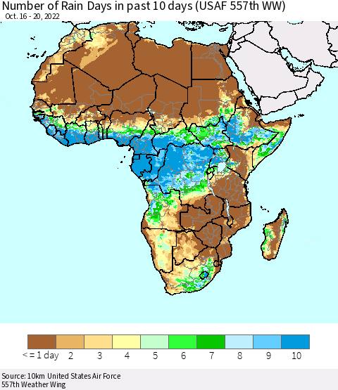 Africa Number of Rain Days in past 10 days (USAF 557th WW) Thematic Map For 10/16/2022 - 10/20/2022