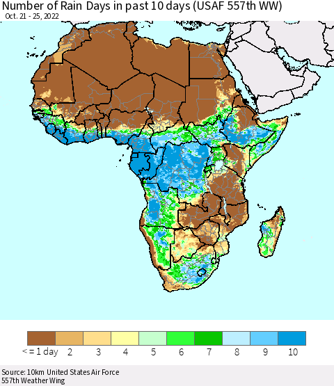 Africa Number of Rain Days in past 10 days (USAF 557th WW) Thematic Map For 10/21/2022 - 10/25/2022