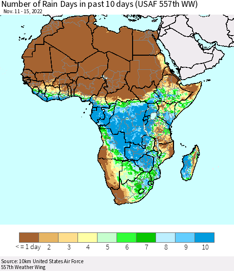 Africa Number of Rain Days in past 10 days (USAF 557th WW) Thematic Map For 11/11/2022 - 11/15/2022