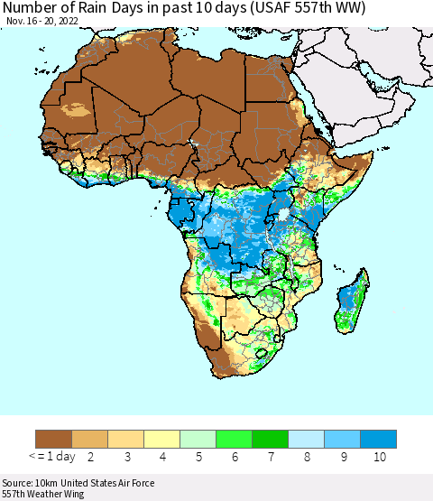 Africa Number of Rain Days in past 10 days (USAF 557th WW) Thematic Map For 11/16/2022 - 11/20/2022