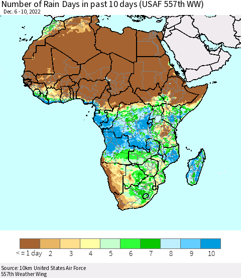 Africa Number of Rain Days in past 10 days (USAF 557th WW) Thematic Map For 12/6/2022 - 12/10/2022