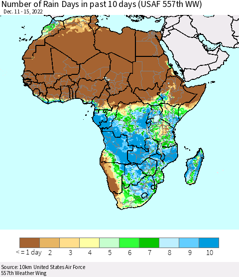 Africa Number of Rain Days in past 10 days (USAF 557th WW) Thematic Map For 12/11/2022 - 12/15/2022