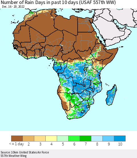Africa Number of Rain Days in past 10 days (USAF 557th WW) Thematic Map For 12/16/2022 - 12/20/2022