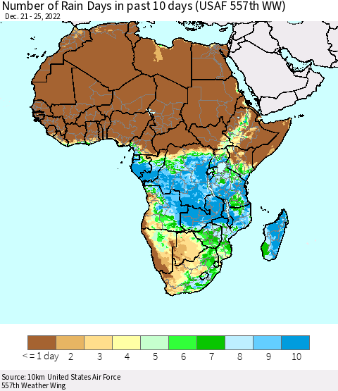 Africa Number of Rain Days in past 10 days (USAF 557th WW) Thematic Map For 12/21/2022 - 12/25/2022
