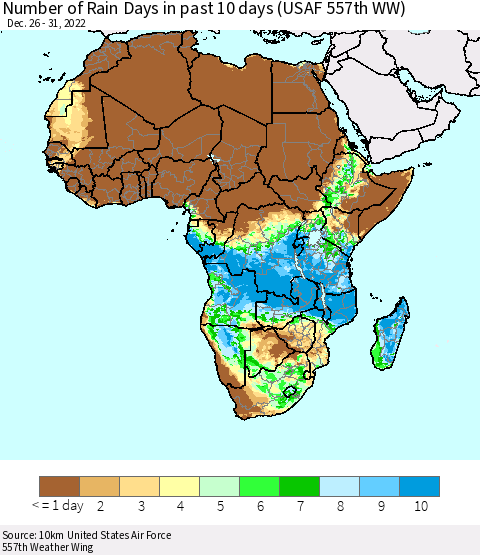 Africa Number of Rain Days in past 10 days (USAF 557th WW) Thematic Map For 12/26/2022 - 12/31/2022