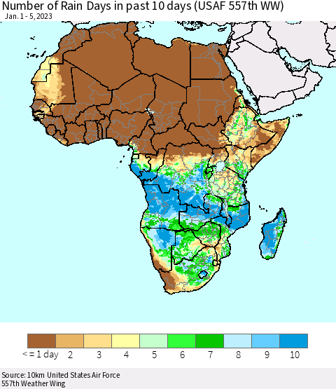Africa Number of Rain Days in past 10 days (USAF 557th WW) Thematic Map For 1/1/2023 - 1/5/2023
