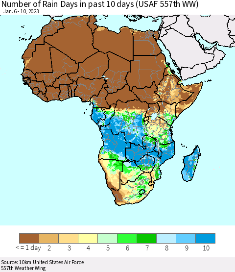 Africa Number of Rain Days in past 10 days (USAF 557th WW) Thematic Map For 1/6/2023 - 1/10/2023