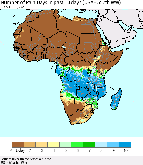 Africa Number of Rain Days in past 10 days (USAF 557th WW) Thematic Map For 1/11/2023 - 1/15/2023