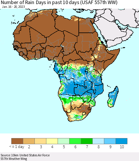 Africa Number of Rain Days in past 10 days (USAF 557th WW) Thematic Map For 1/16/2023 - 1/20/2023