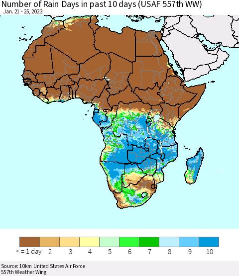 Africa Number of Rain Days in past 10 days (USAF 557th WW) Thematic Map For 1/21/2023 - 1/25/2023