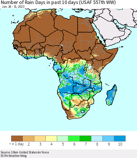 Africa Number of Rain Days in past 10 days (USAF 557th WW) Thematic Map For 1/26/2023 - 1/31/2023