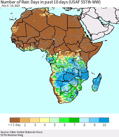 Africa Number of Rain Days in past 10 days (USAF 557th WW) Thematic Map For 2/6/2023 - 2/10/2023