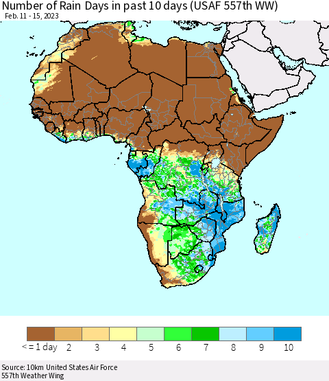 Africa Number of Rain Days in past 10 days (USAF 557th WW) Thematic Map For 2/11/2023 - 2/15/2023