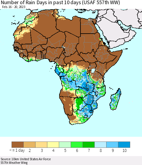 Africa Number of Rain Days in past 10 days (USAF 557th WW) Thematic Map For 2/16/2023 - 2/20/2023