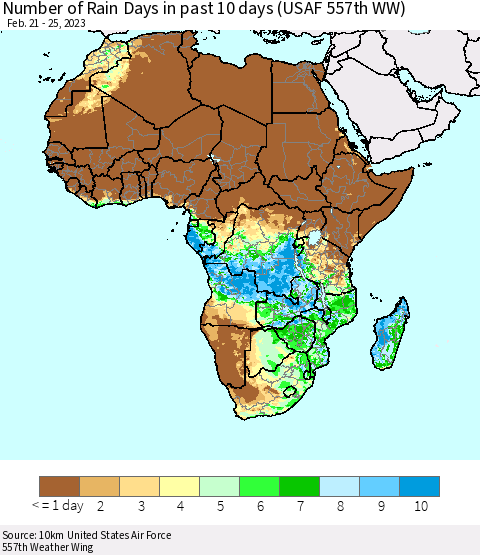 Africa Number of Rain Days in past 10 days (USAF 557th WW) Thematic Map For 2/21/2023 - 2/25/2023