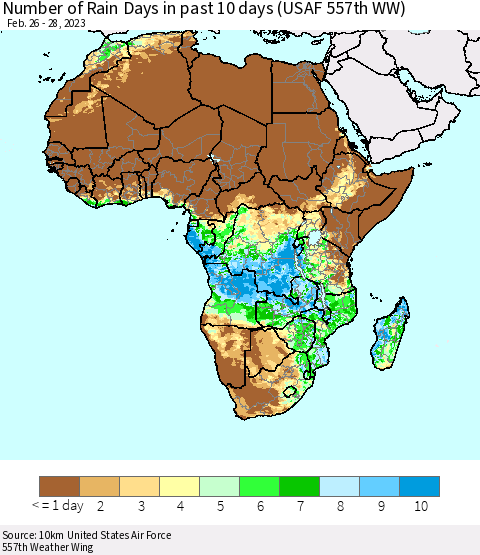 Africa Number of Rain Days in past 10 days (USAF 557th WW) Thematic Map For 2/26/2023 - 2/28/2023