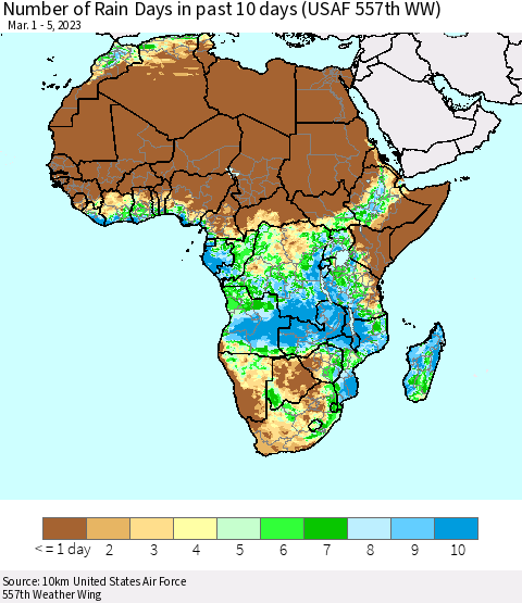 Africa Number of Rain Days in past 10 days (USAF 557th WW) Thematic Map For 3/1/2023 - 3/5/2023