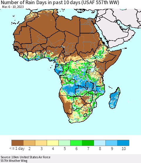 Africa Number of Rain Days in past 10 days (USAF 557th WW) Thematic Map For 3/6/2023 - 3/10/2023