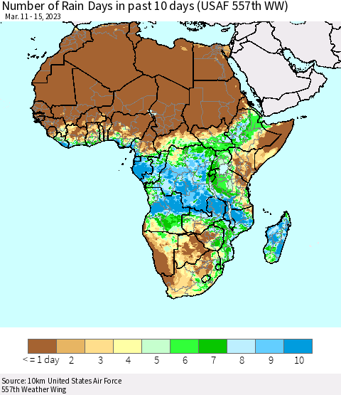 Africa Number of Rain Days in past 10 days (USAF 557th WW) Thematic Map For 3/11/2023 - 3/15/2023