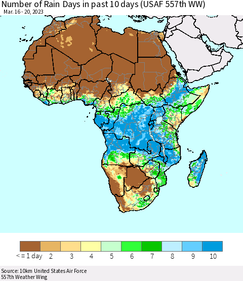 Africa Number of Rain Days in past 10 days (USAF 557th WW) Thematic Map For 3/16/2023 - 3/20/2023