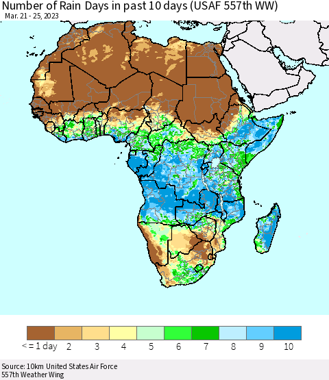 Africa Number of Rain Days in past 10 days (USAF 557th WW) Thematic Map For 3/21/2023 - 3/25/2023
