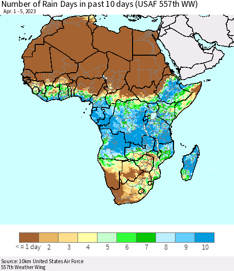 Africa Number of Rain Days in past 10 days (USAF 557th WW) Thematic Map For 4/1/2023 - 4/5/2023