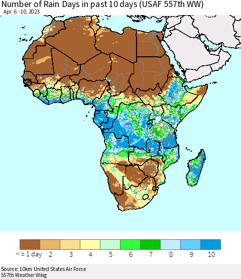 Africa Number of Rain Days in past 10 days (USAF 557th WW) Thematic Map For 4/6/2023 - 4/10/2023
