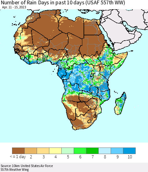 Africa Number of Rain Days in past 10 days (USAF 557th WW) Thematic Map For 4/11/2023 - 4/15/2023