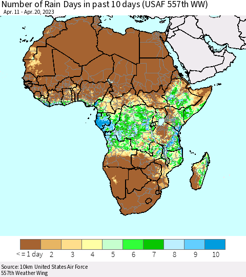 Africa Number of Rain Days in past 10 days (USAF 557th WW) Thematic Map For 4/16/2023 - 4/20/2023