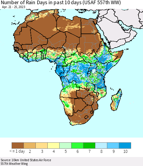 Africa Number of Rain Days in past 10 days (USAF 557th WW) Thematic Map For 4/21/2023 - 4/25/2023