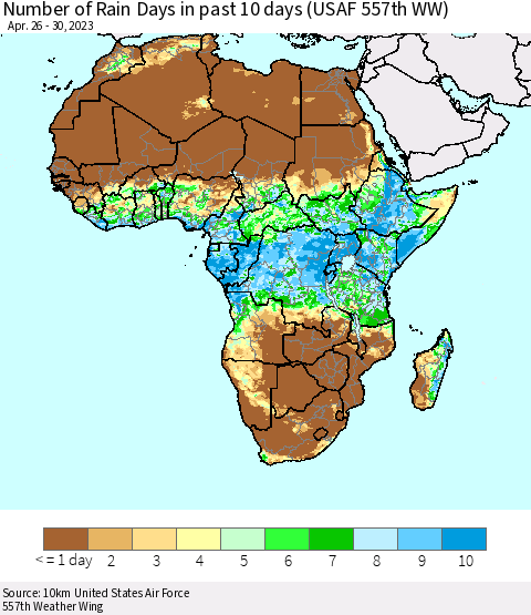 Africa Number of Rain Days in past 10 days (USAF 557th WW) Thematic Map For 4/26/2023 - 4/30/2023