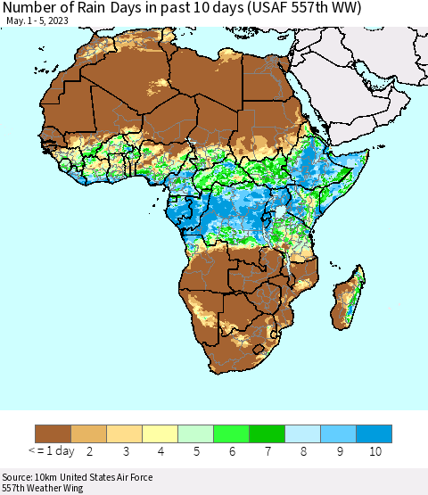 Africa Number of Rain Days in past 10 days (USAF 557th WW) Thematic Map For 5/1/2023 - 5/5/2023