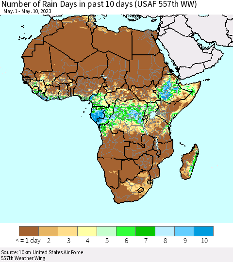 Africa Number of Rain Days in past 10 days (USAF 557th WW) Thematic Map For 5/6/2023 - 5/10/2023