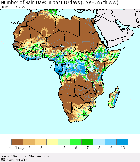 Africa Number of Rain Days in past 10 days (USAF 557th WW) Thematic Map For 5/11/2023 - 5/15/2023