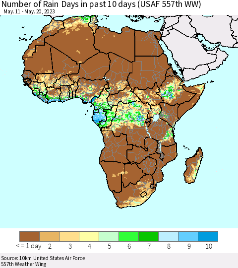 Africa Number of Rain Days in past 10 days (USAF 557th WW) Thematic Map For 5/16/2023 - 5/20/2023