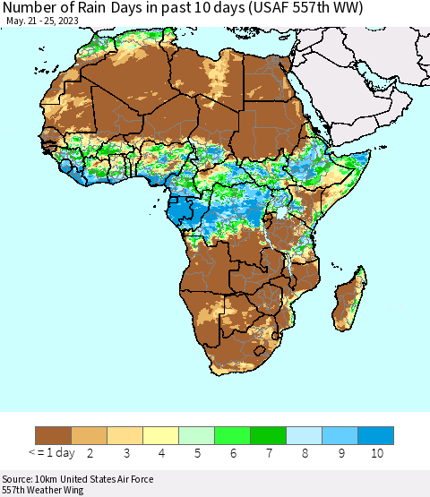 Africa Number of Rain Days in past 10 days (USAF 557th WW) Thematic Map For 5/21/2023 - 5/25/2023