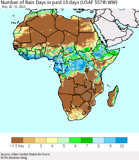 Africa Number of Rain Days in past 10 days (USAF 557th WW) Thematic Map For 5/26/2023 - 5/31/2023