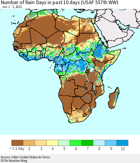 Africa Number of Rain Days in past 10 days (USAF 557th WW) Thematic Map For 6/1/2023 - 6/5/2023