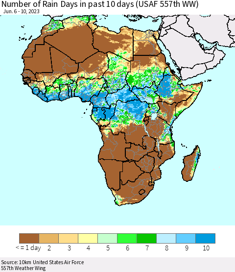 Africa Number of Rain Days in past 10 days (USAF 557th WW) Thematic Map For 6/6/2023 - 6/10/2023