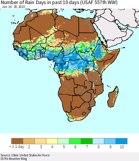 Africa Number of Rain Days in past 10 days (USAF 557th WW) Thematic Map For 6/16/2023 - 6/20/2023