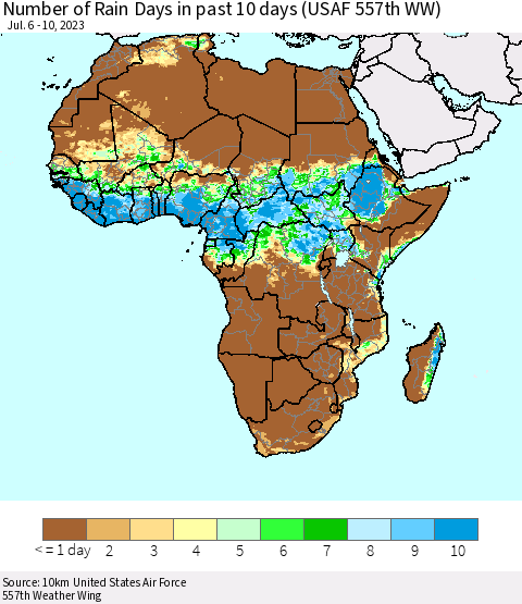 Africa Number of Rain Days in past 10 days (USAF 557th WW) Thematic Map For 7/6/2023 - 7/10/2023