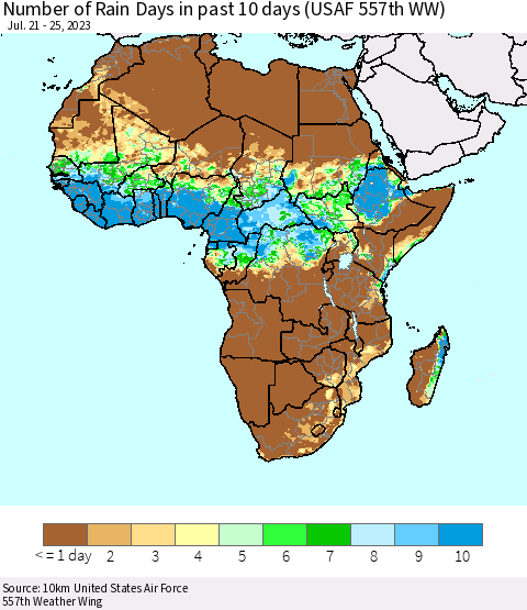 Africa Number of Rain Days in past 10 days (USAF 557th WW) Thematic Map For 7/21/2023 - 7/25/2023