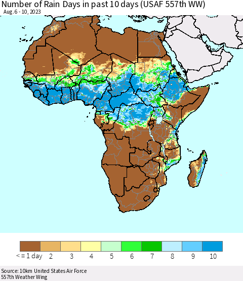 Africa Number of Rain Days in past 10 days (USAF 557th WW) Thematic Map For 8/6/2023 - 8/10/2023