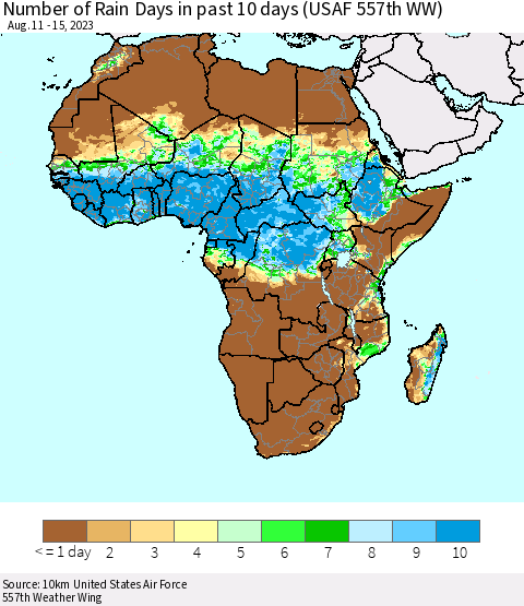 Africa Number of Rain Days in past 10 days (USAF 557th WW) Thematic Map For 8/11/2023 - 8/15/2023