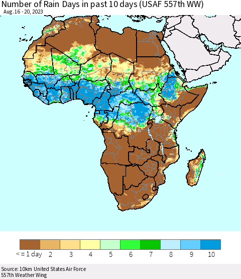 Africa Number of Rain Days in past 10 days (USAF 557th WW) Thematic Map For 8/16/2023 - 8/20/2023