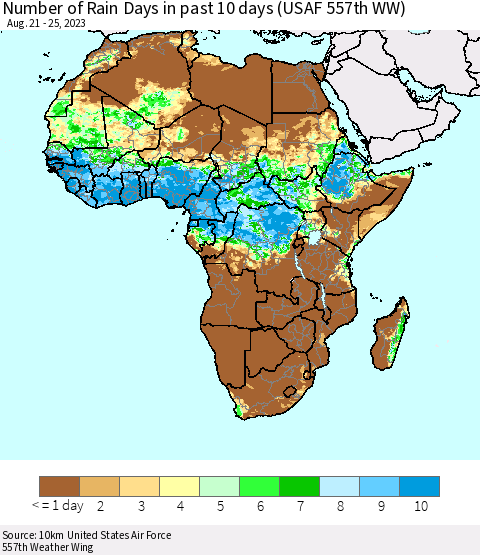 Africa Number of Rain Days in past 10 days (USAF 557th WW) Thematic Map For 8/21/2023 - 8/25/2023